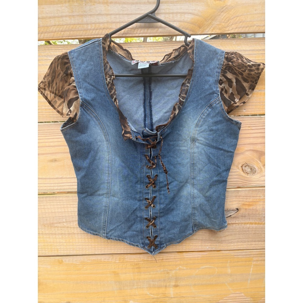 Solo Vintage Y2K Denim Corset Top Leopard Print Lace Up Cap Sleeve Blue Small